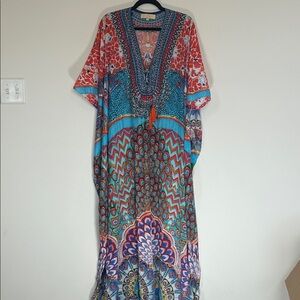 Bohemian Orange and Blue Patterned Dress with multicolored.